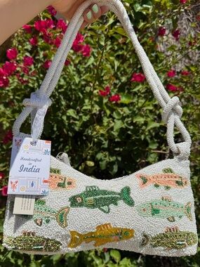 NWT Made in India Sardine Fish Multicolor White Beaded Shoulder Bag Brand New